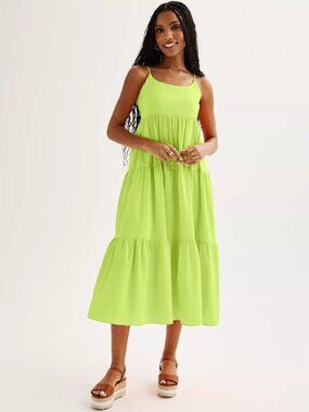 Juniors' SO Midi Dress Women's Medium Tequila Lime U-neck Lime Bow Accent Tiered